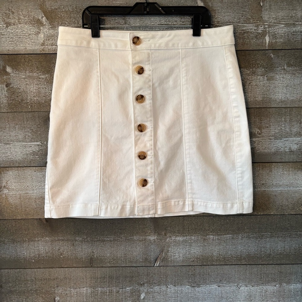 LOFT Off White Denim Button-Front Mini Skirt